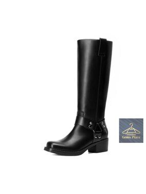Faux Leather Motorcycle Knee High Boots, Pull-On Square Toe Heeled